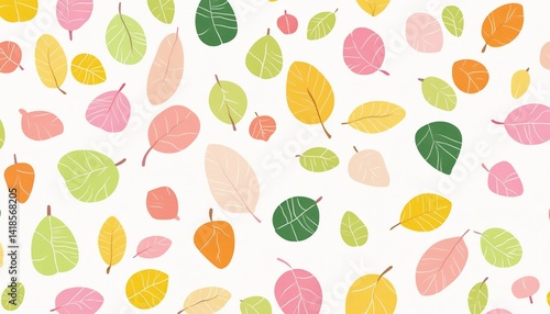 Pastel-toned illustration pattern of leaves and acorns in pink, green, yellow, and orange colors on white background, cute and simple nature design, seamless autumn elements
