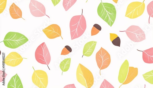 Pastel-toned illustration pattern of leaves and acorns in pink, green, yellow, and orange colors on white background, cute and simple nature design, seamless autumn elements