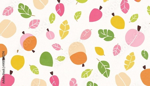 Pastel-toned illustration pattern of leaves and acorns in pink, green, yellow, and orange colors on white background, cute and simple nature design, seamless autumn elements