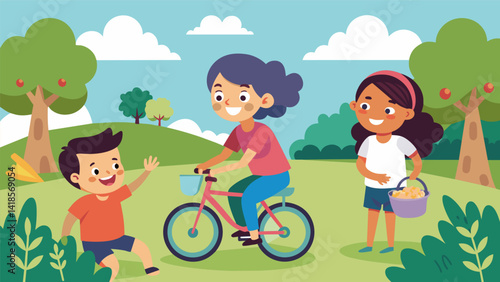 A first bike ride is celebrated with a picnic in the park the child beaming with pride while their parents watch on with smiles and love.. Vector illustration