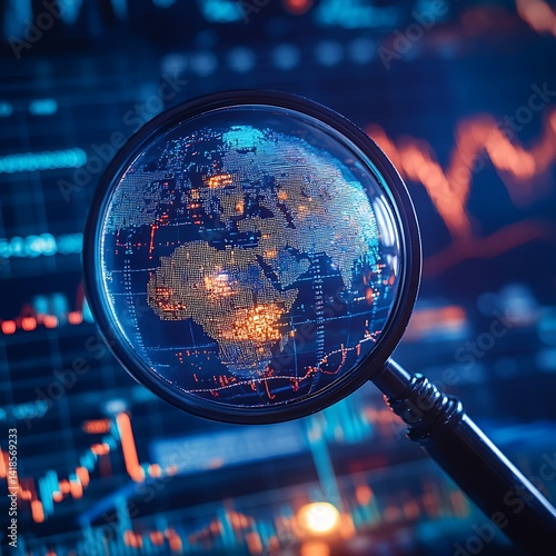 A magnifying glass focused on a globe with a stock market chart in the background, highlighting global financial trends and analysis.