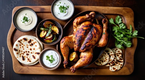 Roasted chicken served with flatbreads, yogurt dip, lime, and plum on a wooden board captures a mouth-watering culinary presentation perfect for food lovers