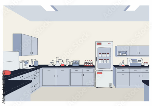 A clean, modern laboratory interior. Features lab benches, cabinets, a refrigerator, and scientific equipment. Ideal for science, research, and education concepts.