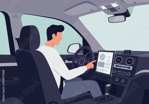 Man driving a car, interacting with a tablet mounted on the dashboard. Modern interior, clean design. Ideal for automotive, technology, and lifestyle concepts.