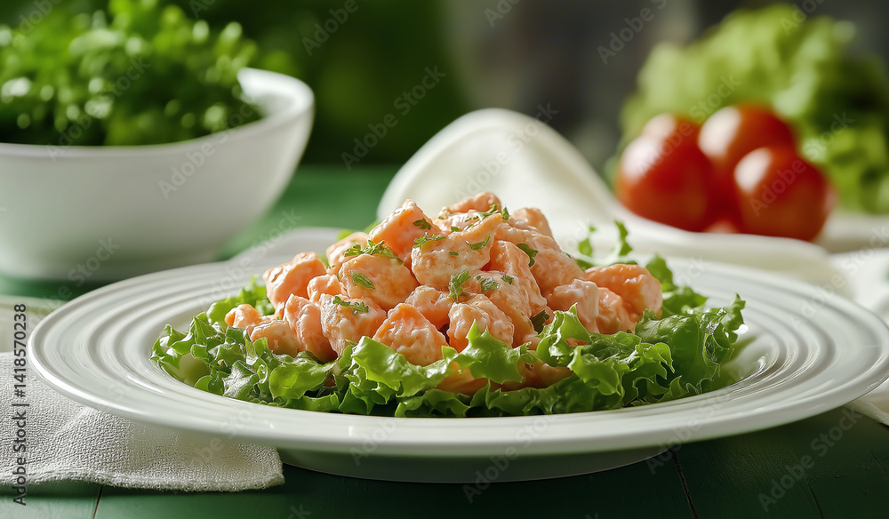 This is a colorful salmon salad with lettuce and herb dressing, served on a white plate with a green background. This is a colorful salmon salad with lettuce and herb dressing, served on a white plate with a green background.