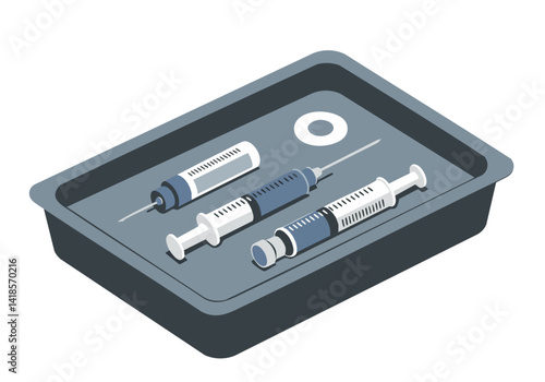 Medical tray with syringes. Sterile environment, blue tone. Ideal for healthcare, pharmaceutical, and science-related concepts. Clean, professional, and modern.