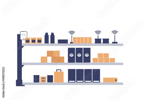 Organized warehouse shelves stocked with boxes and containers. Clean, modern design with visible Wi-Fi signals. Ideal for logistics, storage, and inventory concepts.