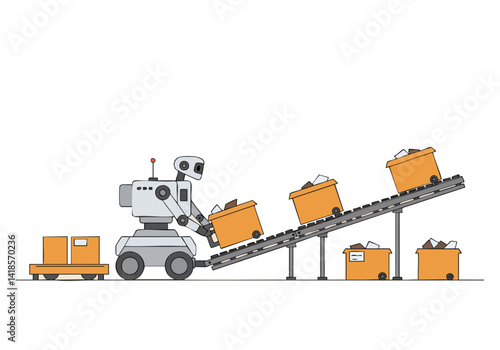 Robot sorts boxes on a conveyor belt. Industrial automation concept. Clean, modern design. Suitable for business, technology, and logistics themes.