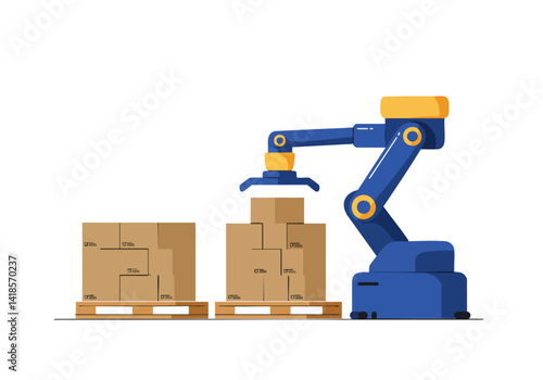 A robotic arm efficiently moves boxes on pallets in a warehouse setting. Demonstrates automation, logistics, and industrial processes. Clean, modern illustration.