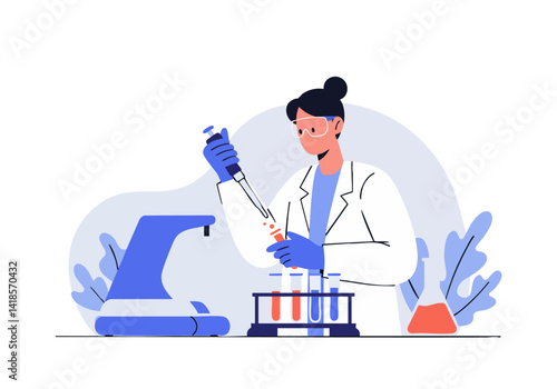 Scientist in lab coat pipetting liquid into a test tube. Clean, modern lab setting. Focus on precision and scientific research. Ideal for medical, biotech concepts.