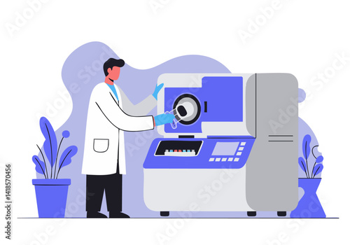 Scientist operates a modern centrifuge in a lab. Clean, bright setting with plants. Ideal for science, research, and healthcare concepts.