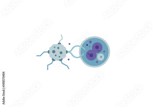 Stylized illustration of a sperm fertilizing an egg. Clean, modern design suitable for science, biology, or reproduction concepts. Blue and purple color palette.