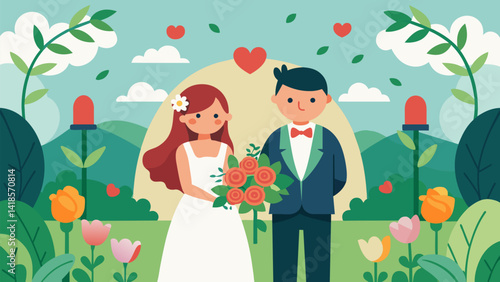 A garden filled with blooming flowers and happy faces as a couple renews their vows on their anniversary.. Vector illustration