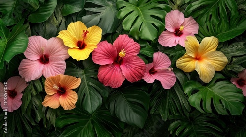Wallpaper Mural Tropical flowers amidst lush green foliage. Torontodigital.ca
