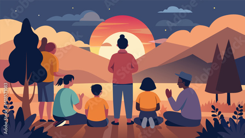 As the sun set families joined in a quiet prayer circle thanking God for the blessings of nature and community at the church campout and worship. Vector illustration