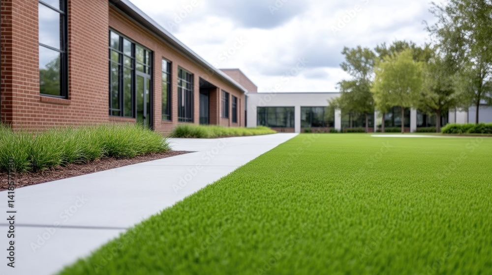 Modern office building exterior with artificial turf and walkway Modern office building exterior with artificial turf and walkway