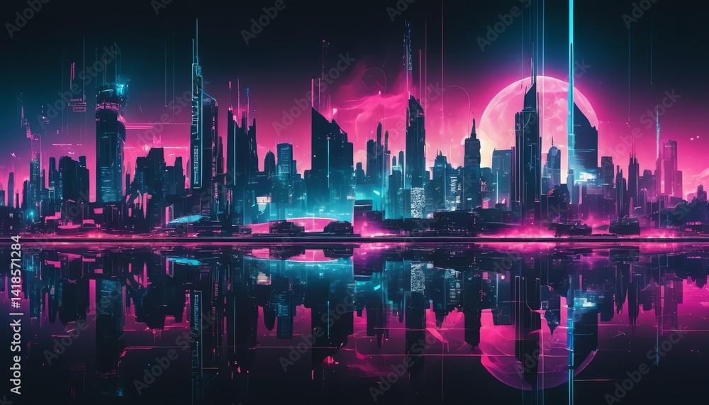 Fototapeta premium Futuristic Cityscape at Night Reflected in Still Water under a Pink Moon Cyberpunk Neon Lights