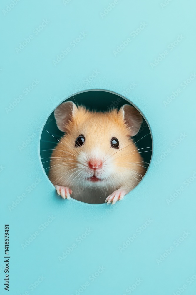 Cute Hamster Peeking Through Round Hole Against Light Blue Background Cute Hamster Peeking Through Round Hole Against Light Blue Background