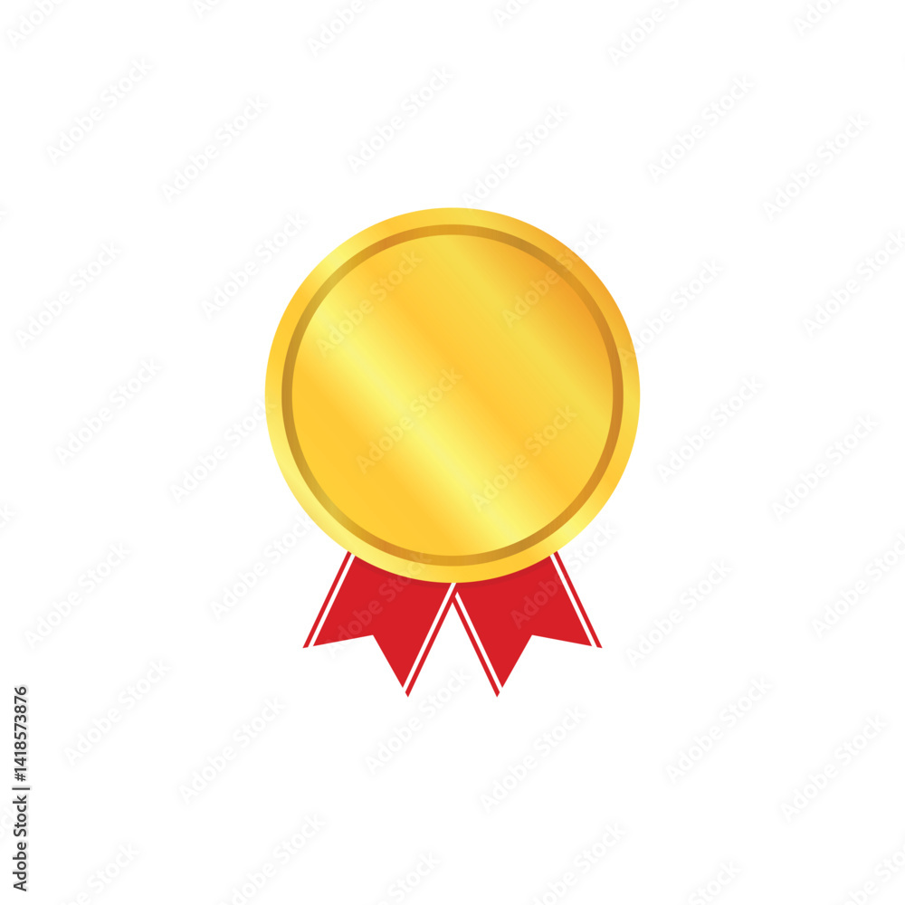 Gold medal with red ribbon first place vector illustration. Realistic isolated trophy medals with different red and gold ribbons for winners and champions ceremony. Gold medal with red ribbon first place vector illustration. Realistic isolated trophy medals with different red and gold ribbons for winners and champions ceremony.