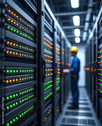 Data center technician working in front of server racks with illuminated lights, representing IT infrastructure, server management, and data security in a high-tech environment

