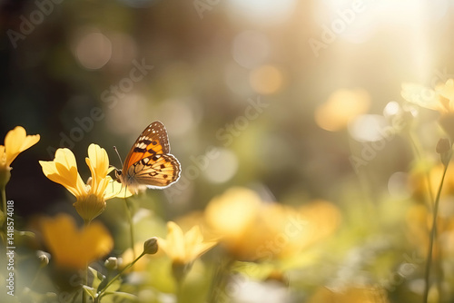 The beautiful colored butterfly on a yellow flower with blurry background in the morning of spring season.