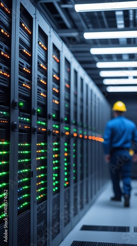 Data center technician working in front of server racks with illuminated lights, representing IT infrastructure, server management, and data security in a high-tech environment

