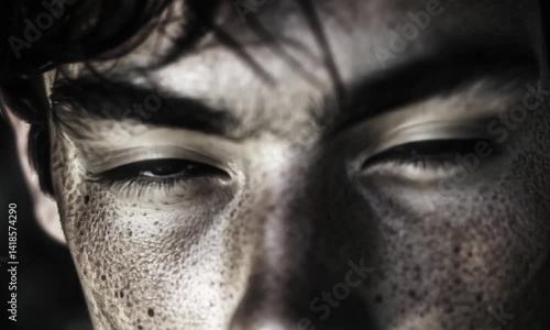 Freckled Face Closeup with Intense Eyes and Dramatic Natural Lighting