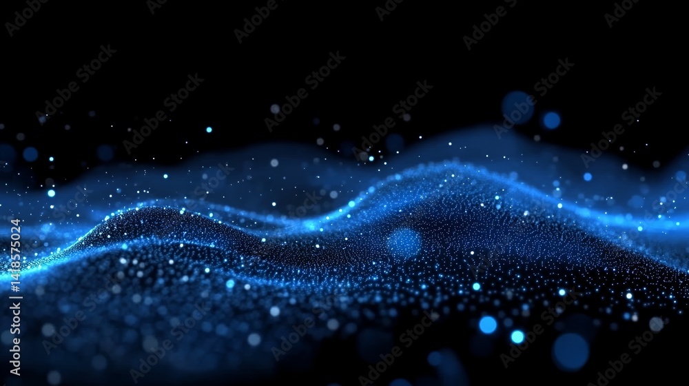 Dark blue abstract glowing particle wave background with bokeh and glitter light effects, perfect for technology, sci-fi, digital motion design, or video animation backdrop Dark blue abstract glowing particle wave background with bokeh and glitter light effects, perfect for technology, sci-fi, digital motion design, or video animation backdrop