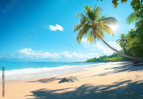 Scenic tropical beach with palm trees, clear blue sky, white sand, and calm ocean waves on a sunny day, serene summer paradise landscape with rocks on shore