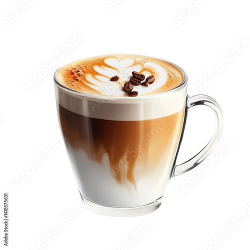 Cup of coffee with latte art on top served on a wooden table in a cozy cafe setting isolated on a white background,