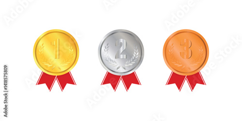 Three medals for first, second, and third place, each suspended from a ribbon with red, white, and blue stripes