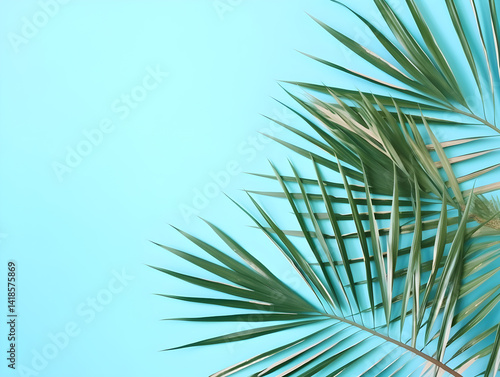 Palm tree leaves isolated on blue background with copy space for text. Tropical theme concept.
