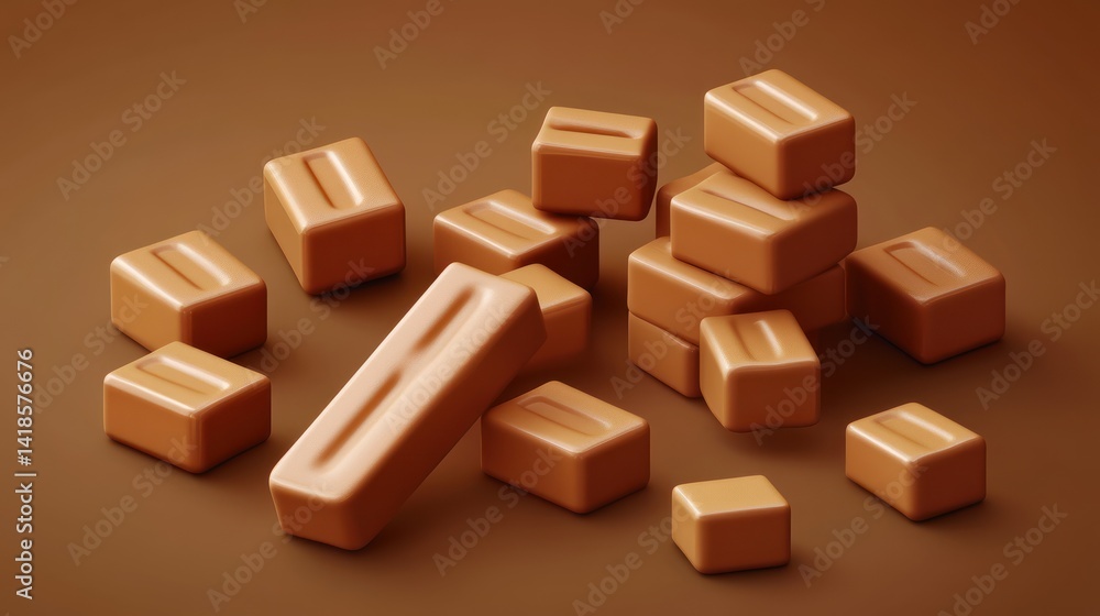 Caramel candies scattered on brown background, 3D render, food photography, sweet treat Caramel candies scattered on brown background, 3D render, food photography, sweet treat