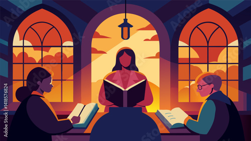 As the sun sets outside the book club carries on their discussion in the warm glow of the churchs stained glass windows inspired by the powerful words. Vector illustration