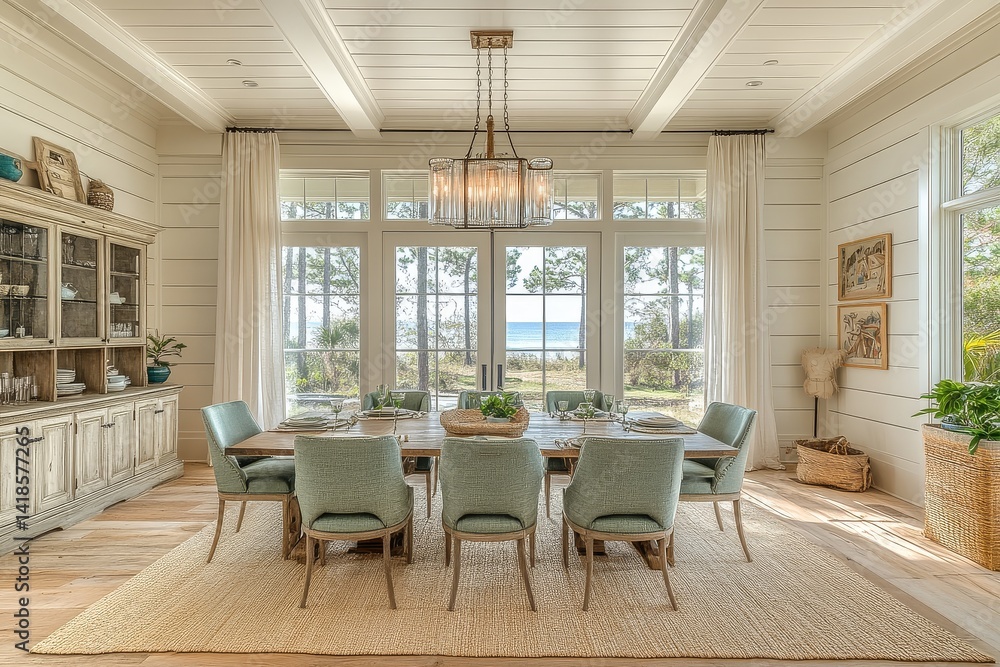 Fototapeta premium Coastal style dining room with light wood, white ceiling, large dining table, green fabric chairs, vintage chandelier, and ocean view from Hilton Head Island, Florida.