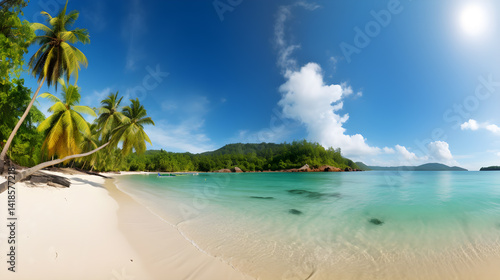 Stunning Tropical Beach with Palm Trees, White Sand, Turquoise Ocean Against the Blue Sky. Beautiful Nature Background for Relaxing Vacation.