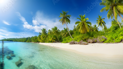 Stunning Tropical Beach with Palm Trees, White Sand, Turquoise Ocean Against the Blue Sky. Beautiful Nature Background for Relaxing Vacation.