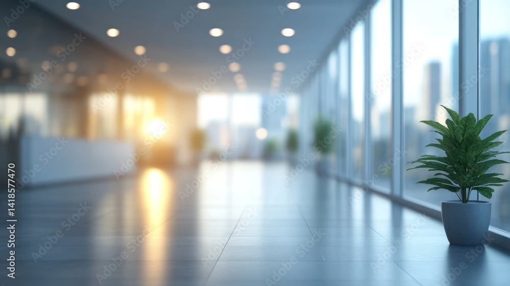 Sunlit modern office hallway, city view, plants, reception desk Sunlit modern office hallway, city view, plants, reception desk