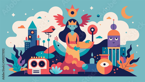 A surreal composition featuring fantastical elements and whimsical figures inspired by the unique and dreamy soundscapes of an indie band.. Vector illustration