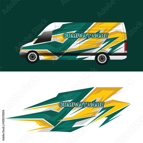 cargo van delivery car body wrap sticker design. sticker with green and yellow color combination style
