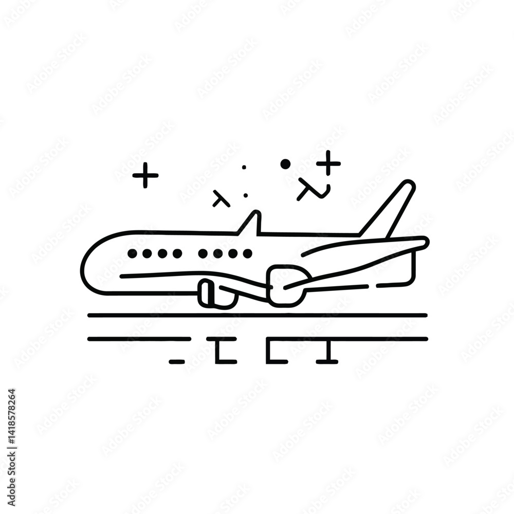 Airplane on Runway Icon Line Art, Flight Symbol, Transparent Background Design Airplane on Runway Icon Line Art, Flight Symbol, Transparent Background Design