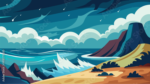 A stormy beach with crashing waves the tumultuous ocean representing the chaos of the artists emotions.. Vector illustration