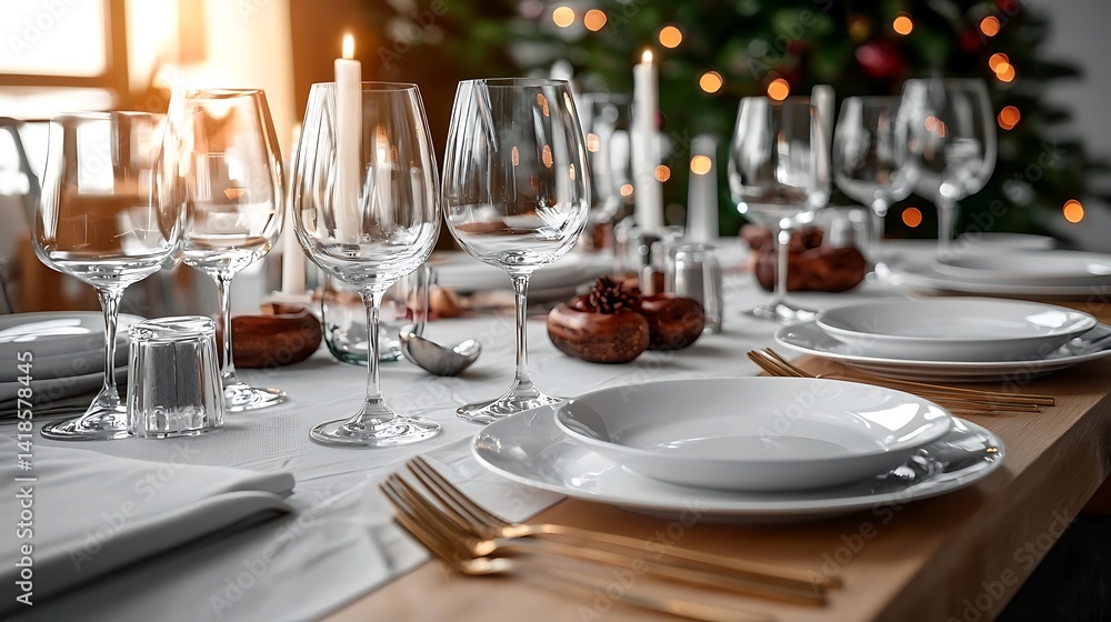 Elegant dining table set for a festive celebration, decorated with candles and holiday lights Elegant dining table set for a festive celebration, decorated with candles and holiday lights