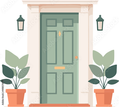 Sage Green Doorway with Flanking Potted Plants and Wall Lanterns