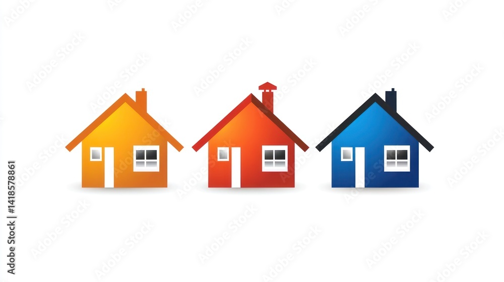 Colorful houses row, simple design, white background, real estate Colorful houses row, simple design, white background, real estate