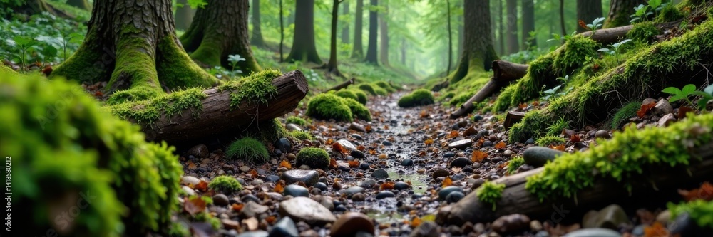 Obraz premium Muddy forest floor with moss-covered rocks and fallen trees, foliage, decay, earthy