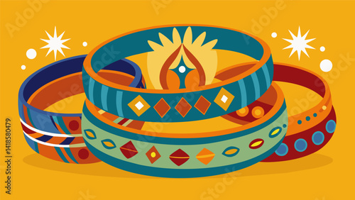 A set of bangles adorned with intricate designs and symbols that reflect a persons cultural heritage and ancestry.. Vector illustration