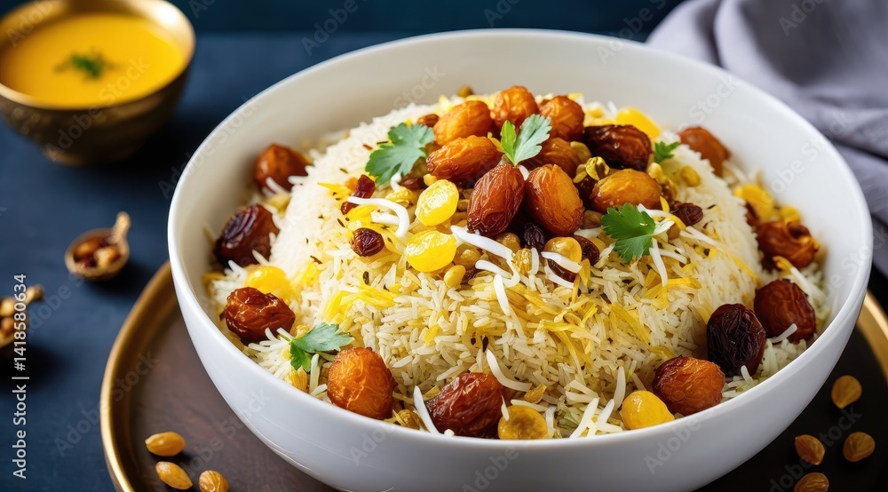 A vibrant bowl of saffron rice adorned with fragrant spices, nuts, and herbs is accompanied by a side dish and refreshing drink on a dark tabletop A vibrant bowl of saffron rice adorned with fragrant spices, nuts, and herbs is accompanied by a side dish and refreshing drink on a dark tabletop