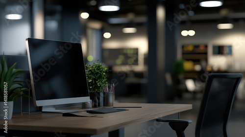 Wallpaper Mural Modern office desk, computer screen, workspace, night, blurred background, website mockup Torontodigital.ca