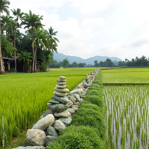 The pile of stones between the borders of rice fields is used as a foothold for farmers to check their crops
